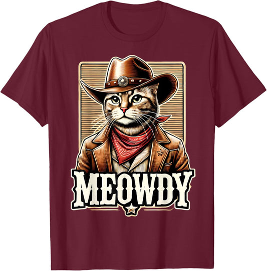 Meowdy Cat Cowboy Cowgirl Meow Howdy Halloween Costume T-Shirt - T-Shirt | Maroon