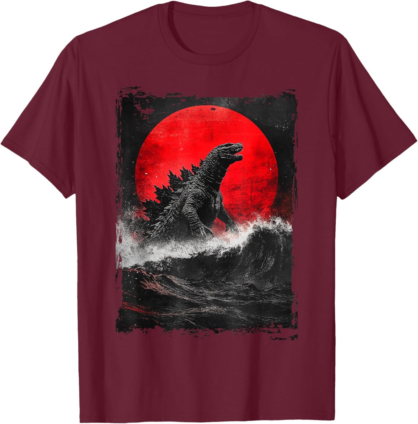 Japanese Kaiju Art : -Adults, Kids; Black; Small; Short Sleeve; Cotton, Polyester; Unique Kaiju Design T-Shirt - T-Shirt | Maroon