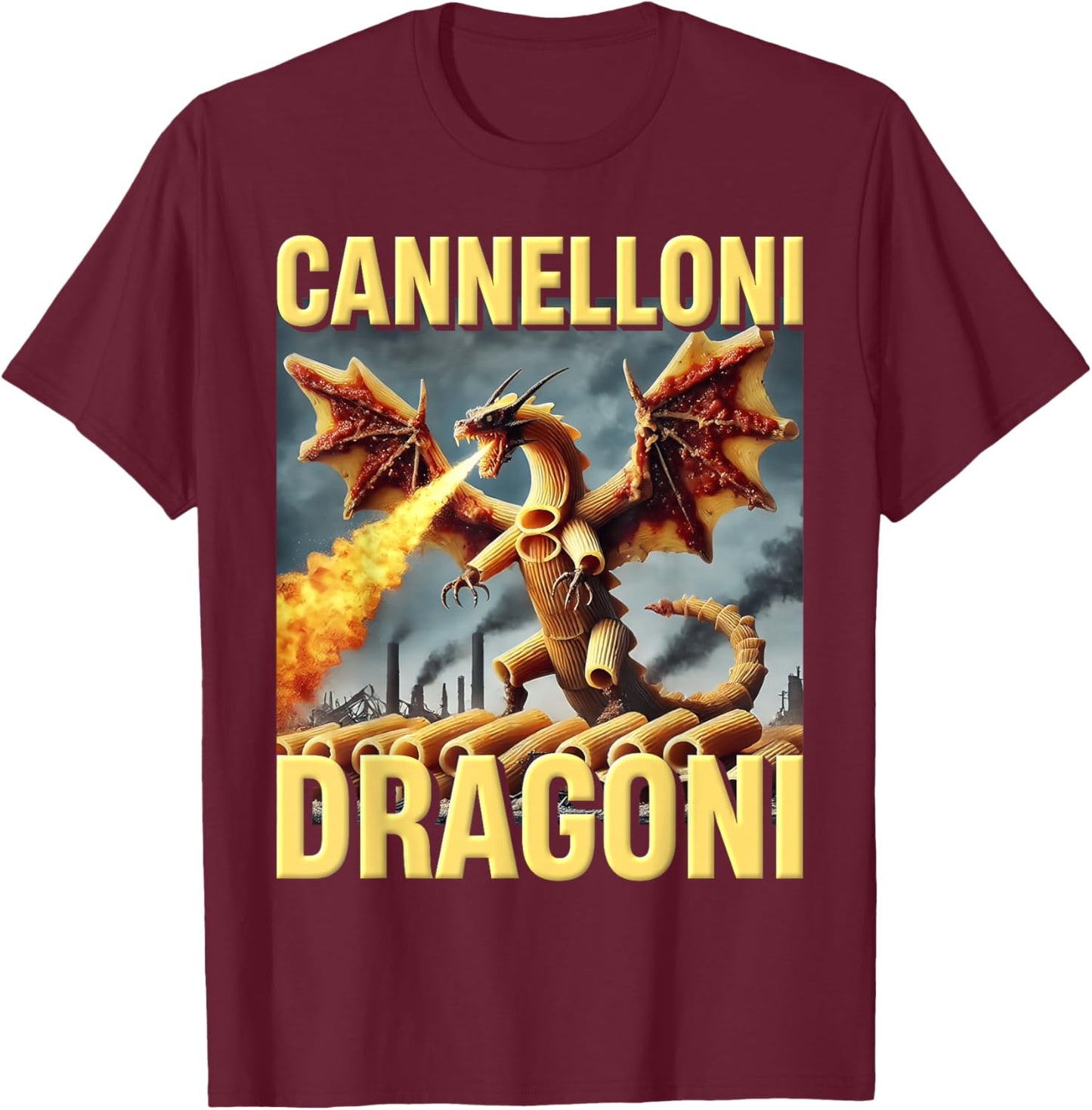 AI Generated Funny Pasta Dragon Brainrot Cannelloni Dragoni T-Shirt - T-Shirt | Maroon