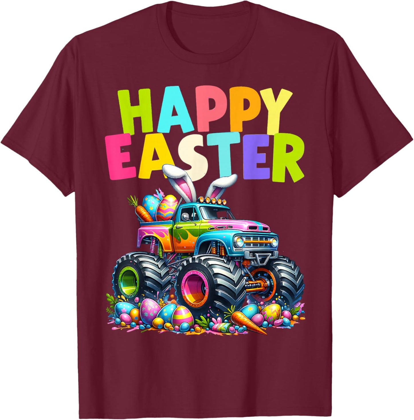 Boys Happy Easter Monster Truck Easter Eggs Hunt Toddler Kid T-Shirt - T-Shirt | Maroon