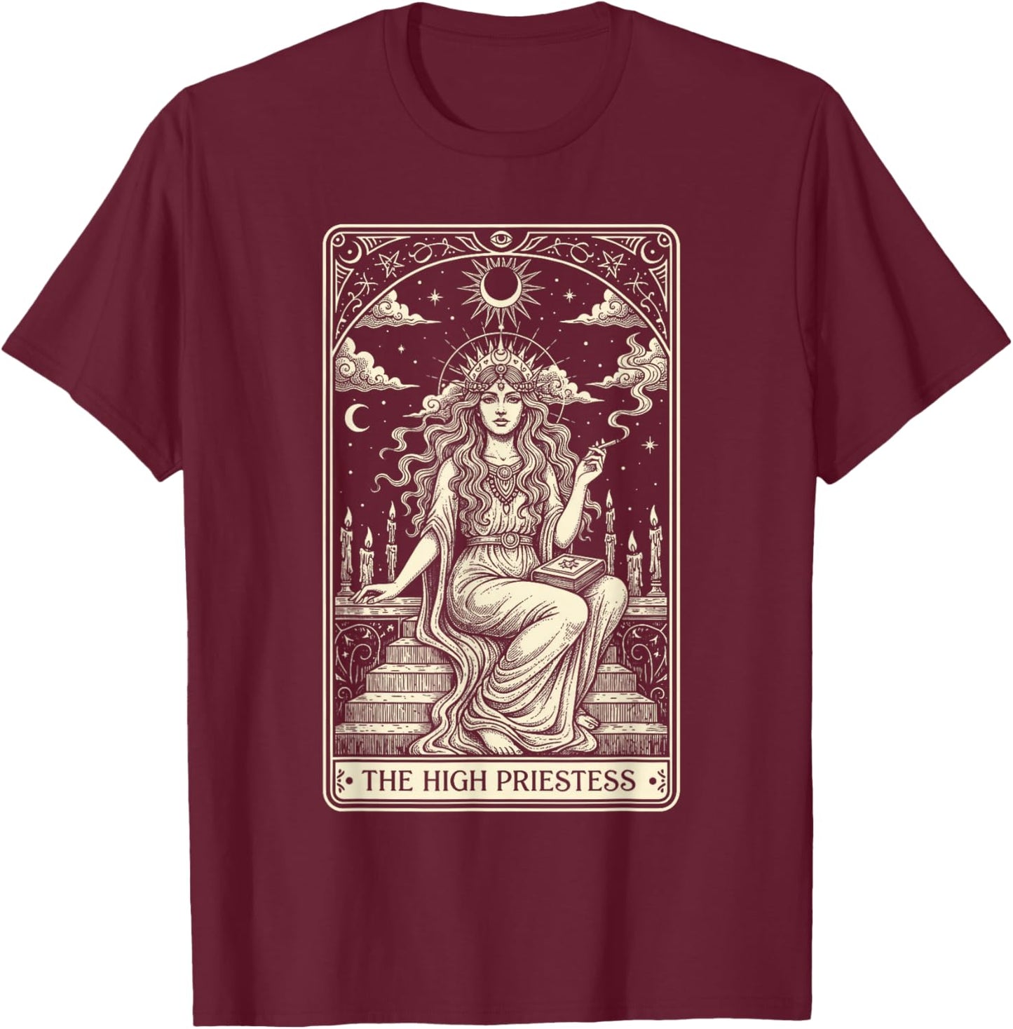 Cannabis Weed Smoking 420 The High Priestess Tarot Card T-Shirt - T-Shirt | Maroon
