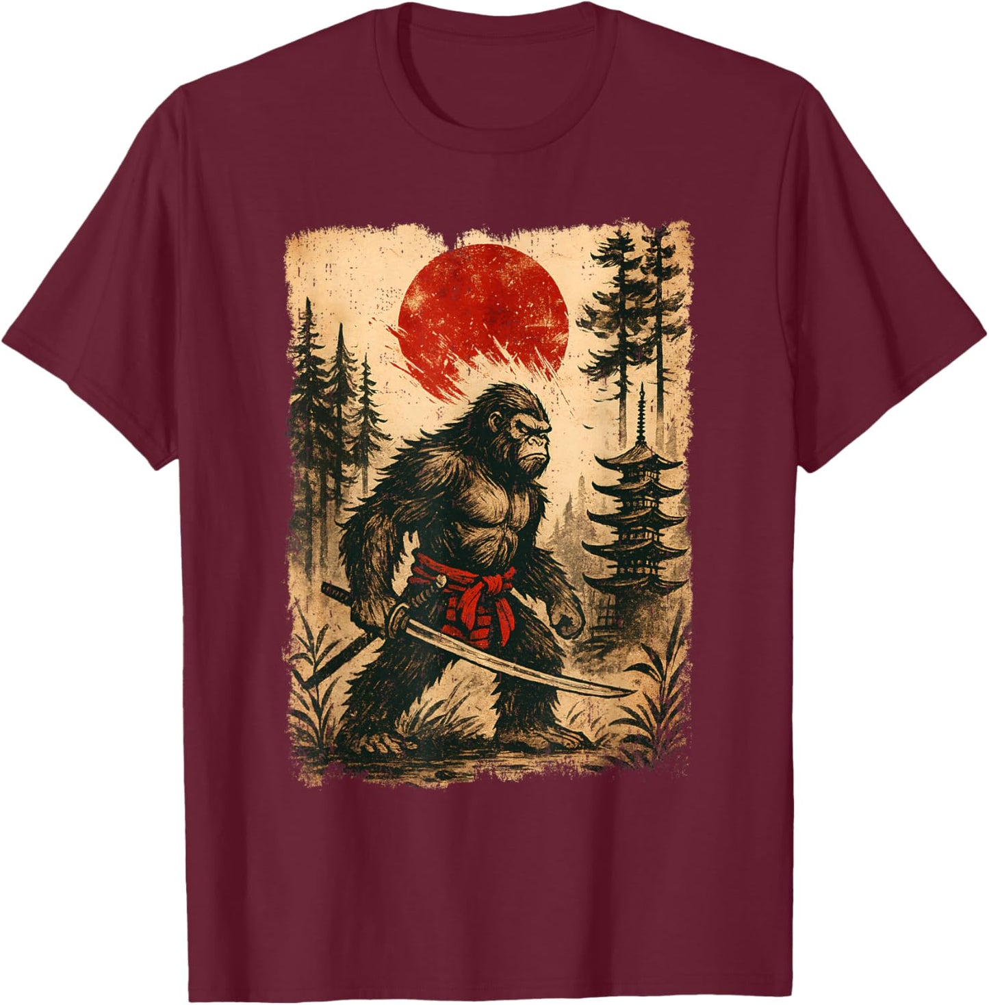 Funny Samurai Bigfoot Japanese Vintage Sasquatch Ukiyo-e T-Shirt - T-Shirt | Maroon