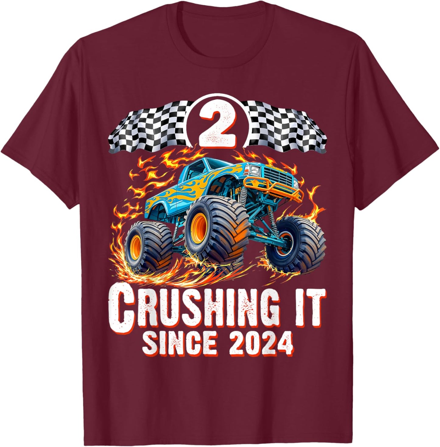Birthday Monster Truck 2 Year Old Boys 2nd Party Born 2024 T-Shirt - T-Shirt | Maroon