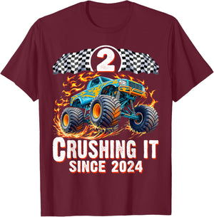 Birthday Monster Truck 2 Year Old Boys 2nd Party Born 2024 T-Shirt - T-Shirt | Maroon
