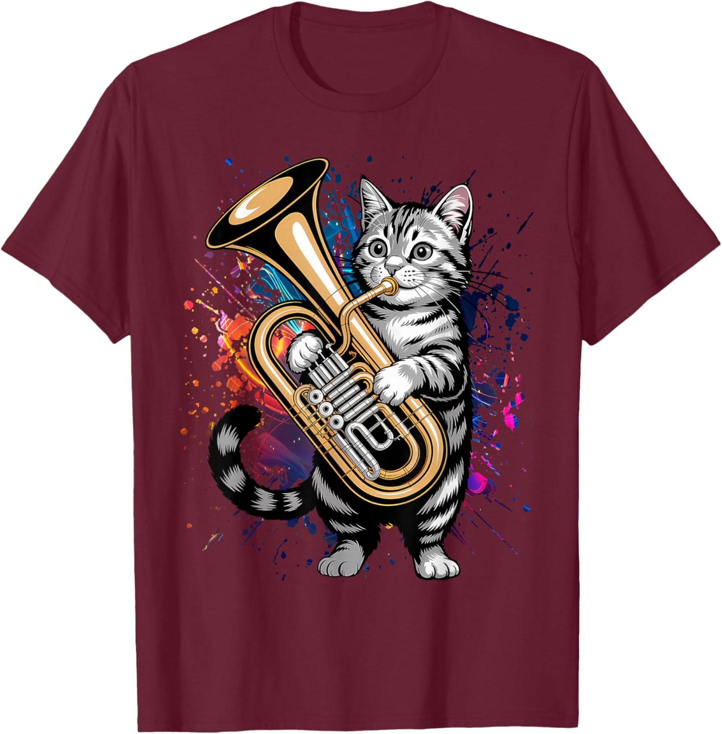 Cat Playing Marching Band Tuba Player Musician T-Shirt - T-Shirt | Maroon