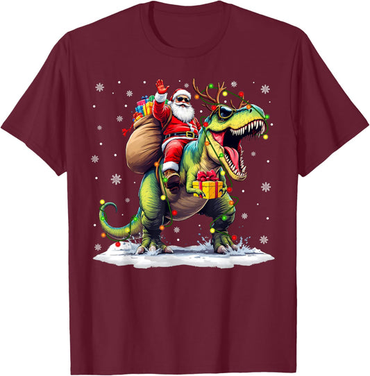 Santa Riding Dinosaur T rex Christmas Boys Men Xmas Squad T-Shirt - T-Shirt | Maroon