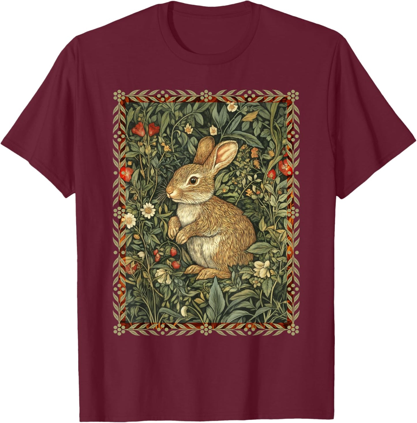 Baby Bunny Rabbit William Morris Style Vintage T-Shirt - T-Shirt | Maroon