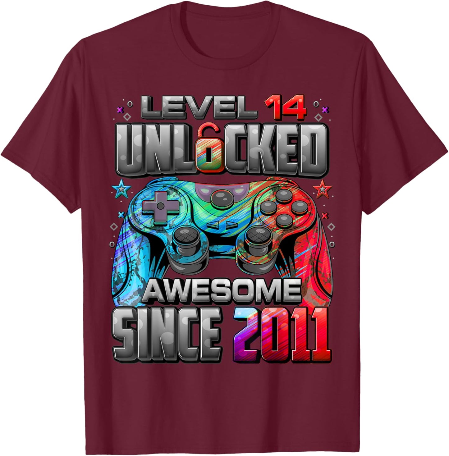 Level 14 Unlocked Awesome Since 2011 14th Birthday Gaming T-Shirt - T-Shirt | Maroon