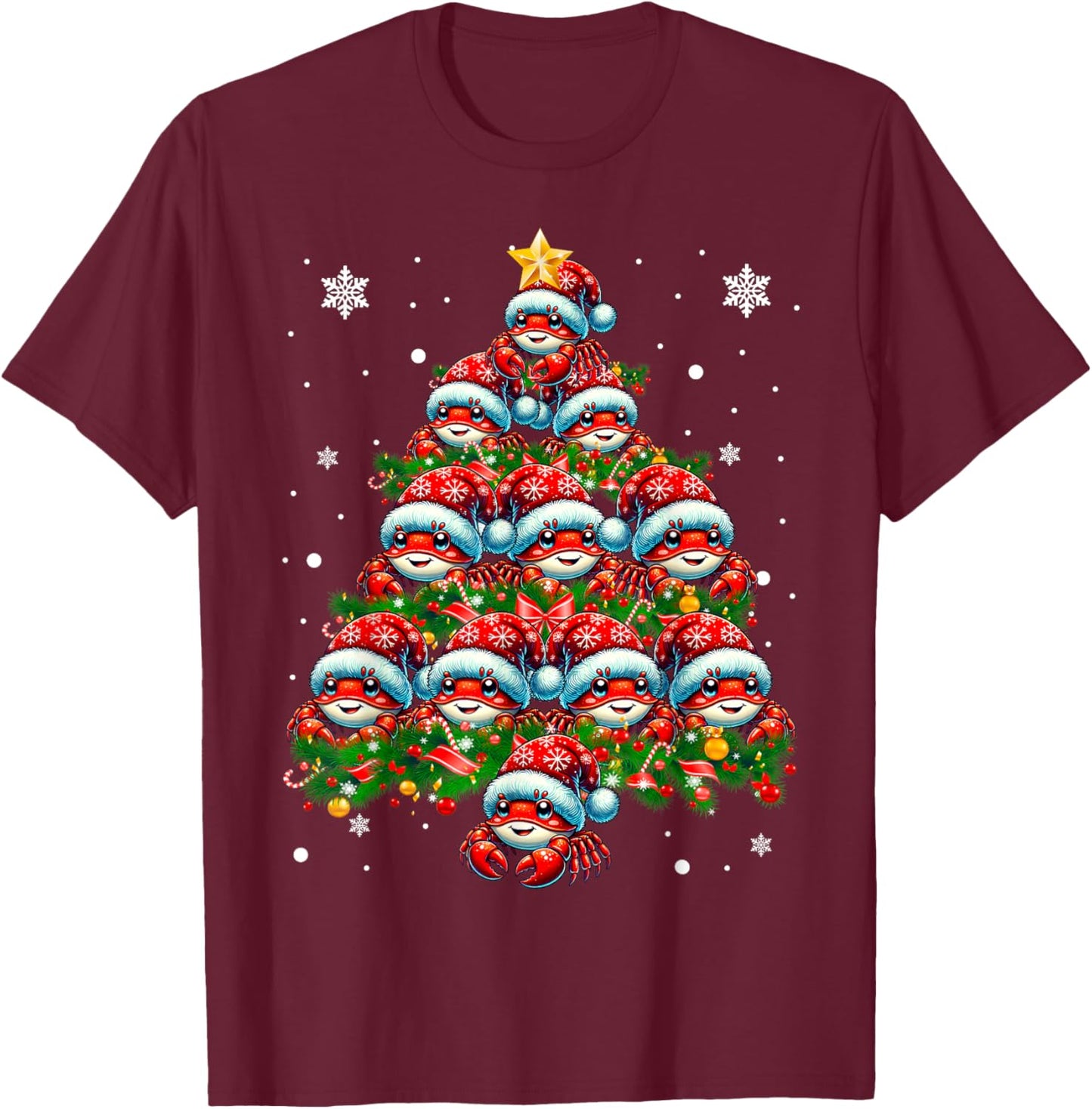 Crab Lighting Xmas Holiday Santa Crab Christmas Tree T-Shirt - T-Shirt | Maroon