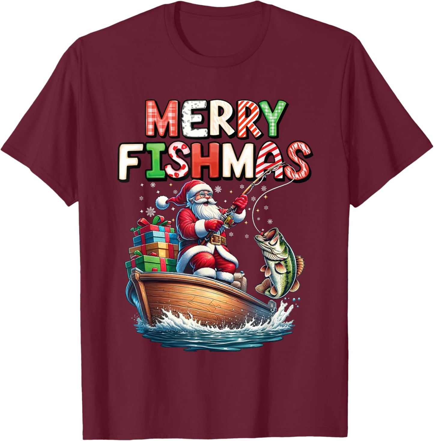 Merry Fishmas Santa Fishing Lovers Funny Fisherman Christmas T-Shirt - T-Shirt | Maroon