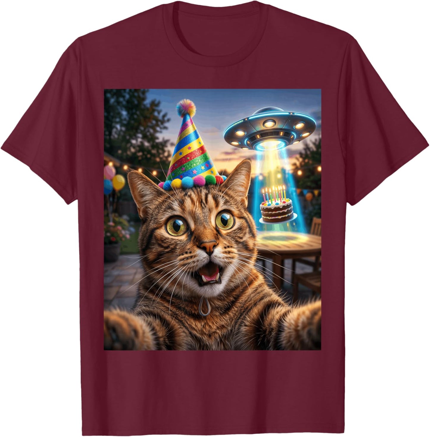 Funny Cat Selfie UFO Alien Abduction Birthday Cake T-Shirt - T-Shirt | Maroon