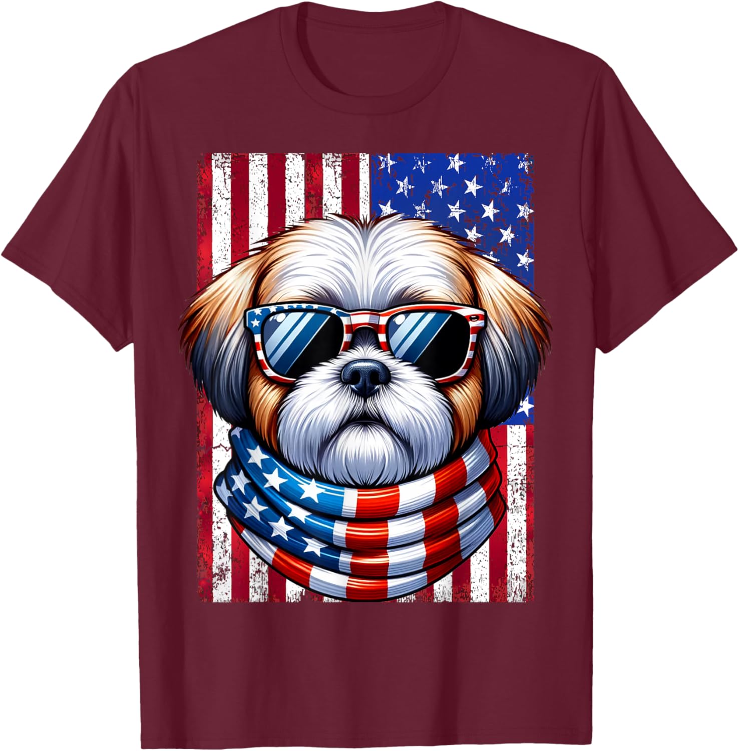 Shih Tzu Wearing American Flag 4th of July Patriotic Dog T-Shirt - T-Shirt | Maroon