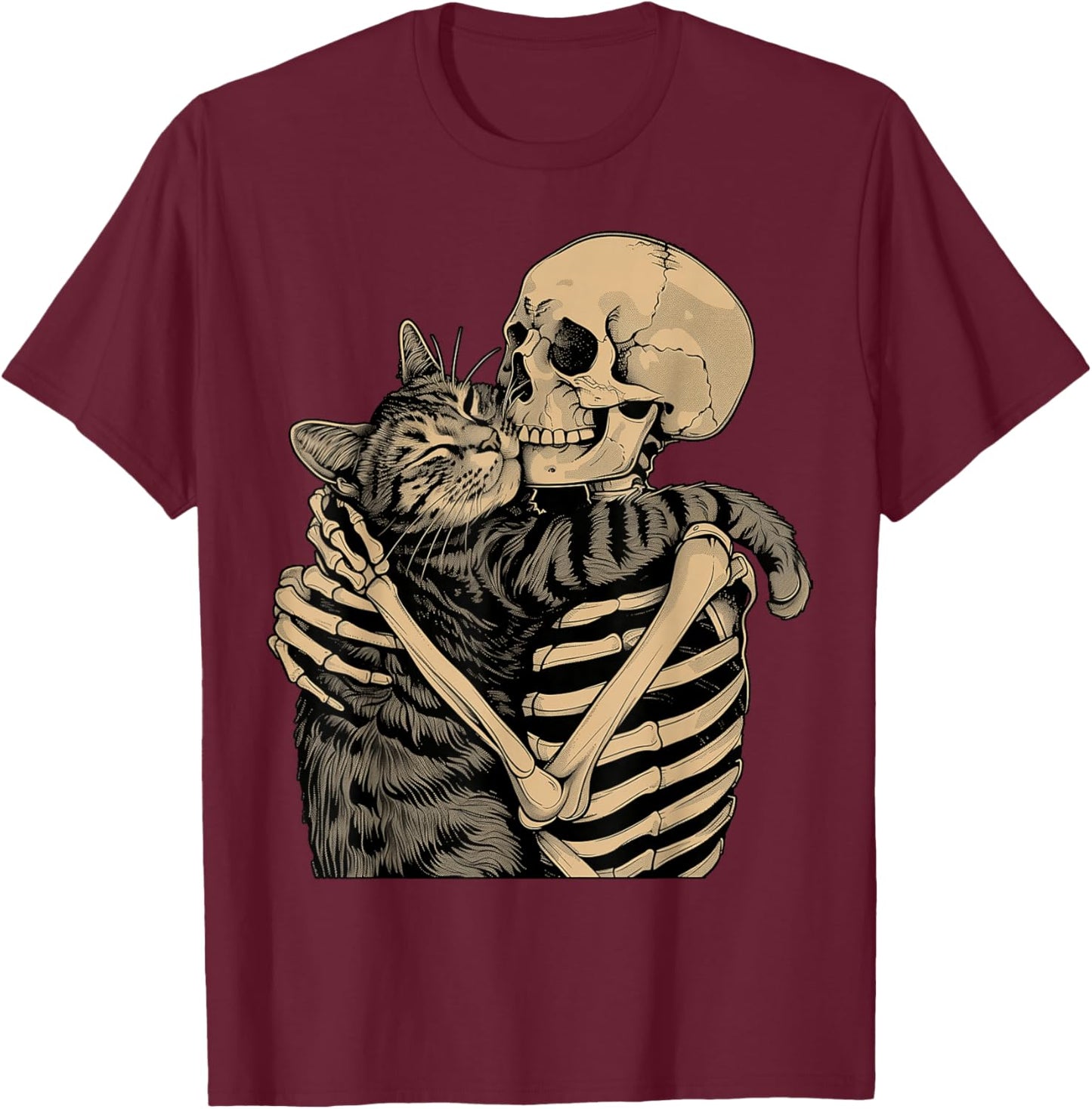 Skeleton Cuddle Cat Halloween Cat Lover Mom Dad T-Shirt - T-Shirt | Maroon