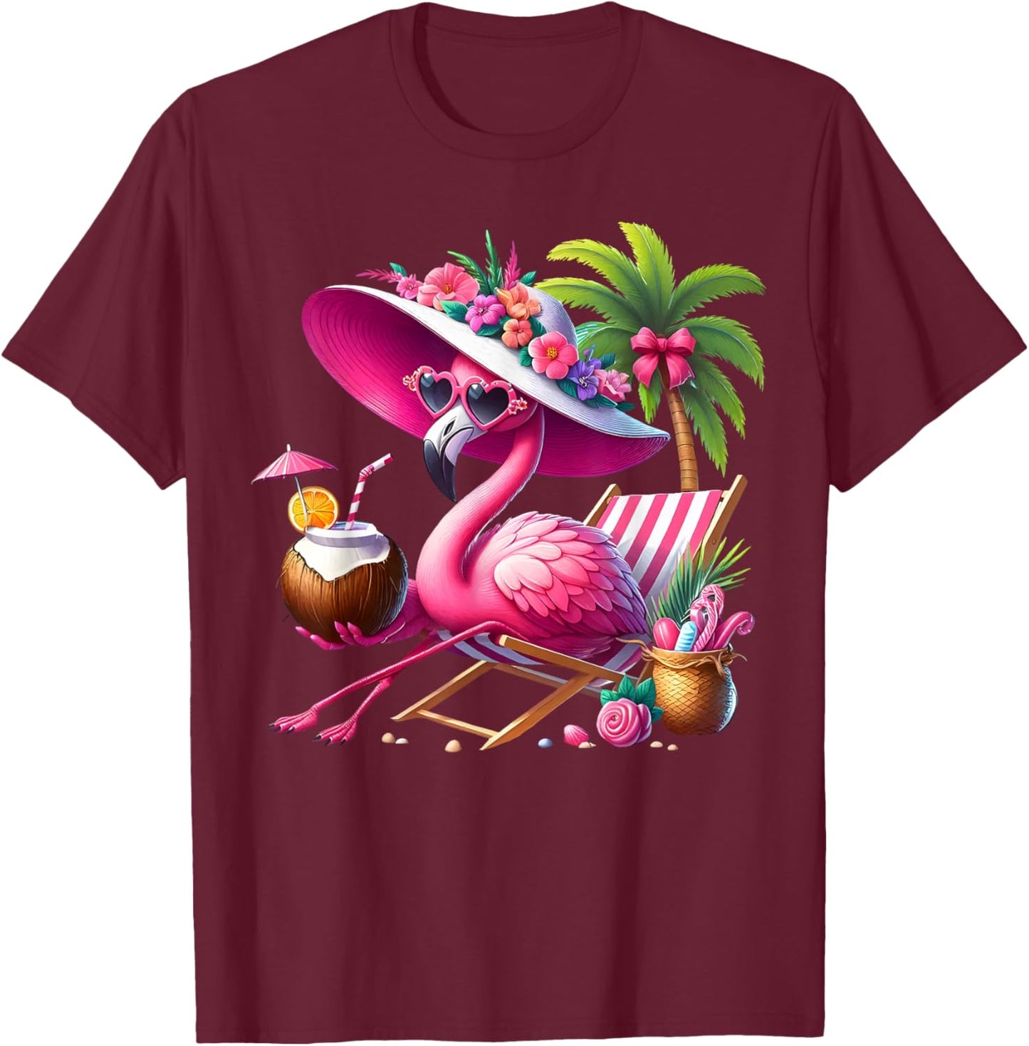 Flamingo Pink Palm Tree Tropical Beach Summer Holiday Women T-Shirt - T-Shirt | Maroon