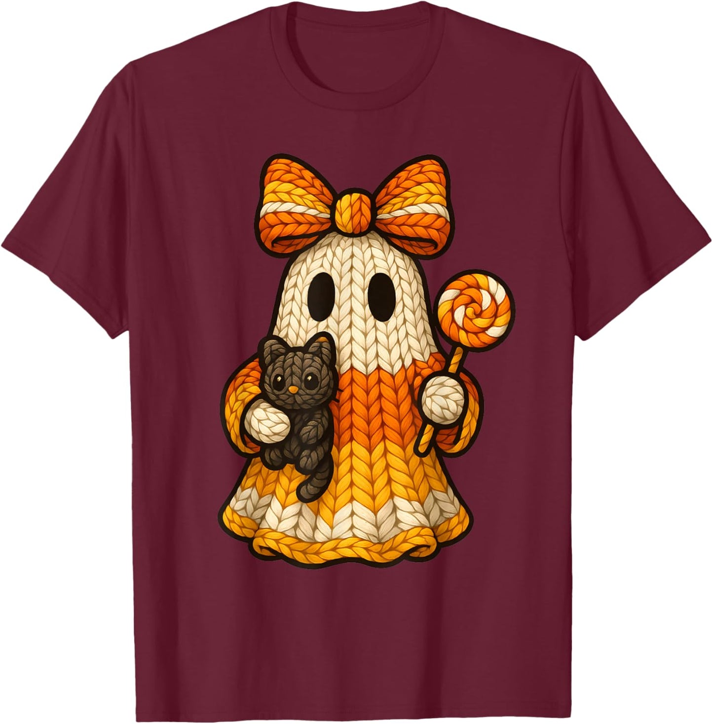 Ghost Coquette Black Cat Knitting Crocheting Yarn Halloween T-Shirt - T-Shirt | Maroon