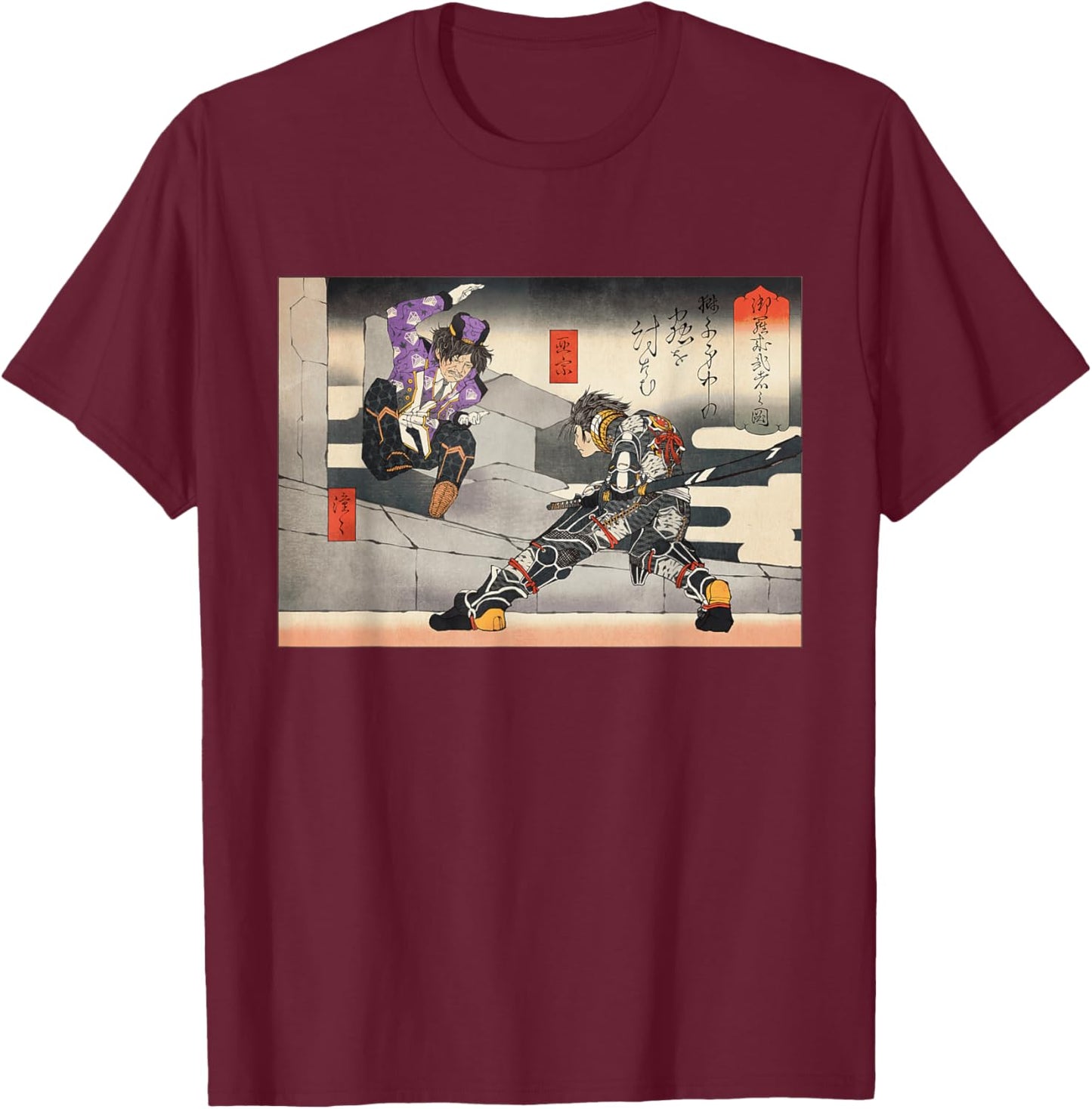 PSO2 Ash vs. Doudou Ukiyo-e Style T-Shirt - T-Shirt | Maroon