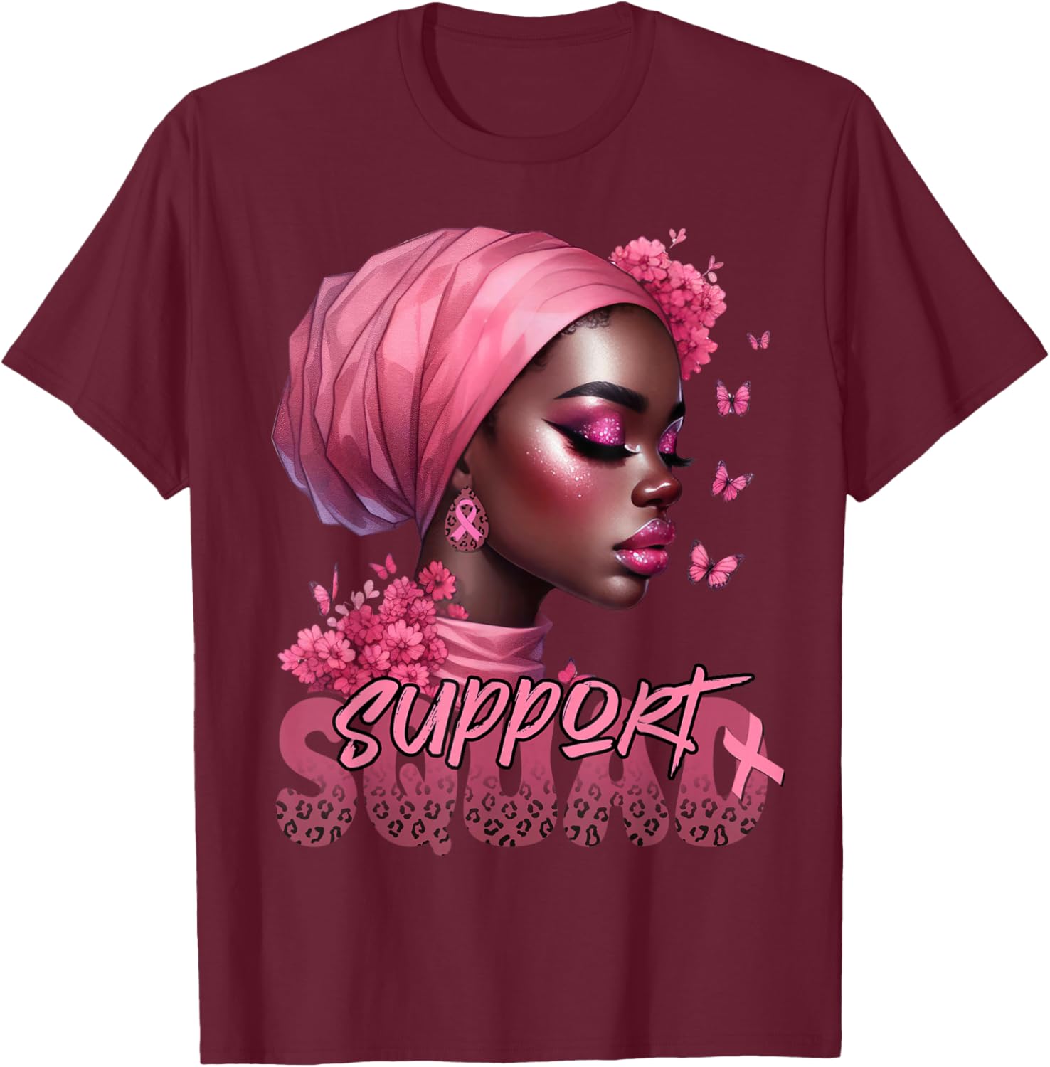 Breast Cancer Black Woman Shirt Support Squad Black Women T-Shirt - T-Shirt | Maroon