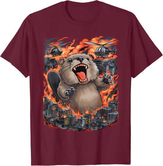 Chubby Giant Beaver Kaiju Monster City Destruction Funny T-Shirt - T-Shirt | Maroon