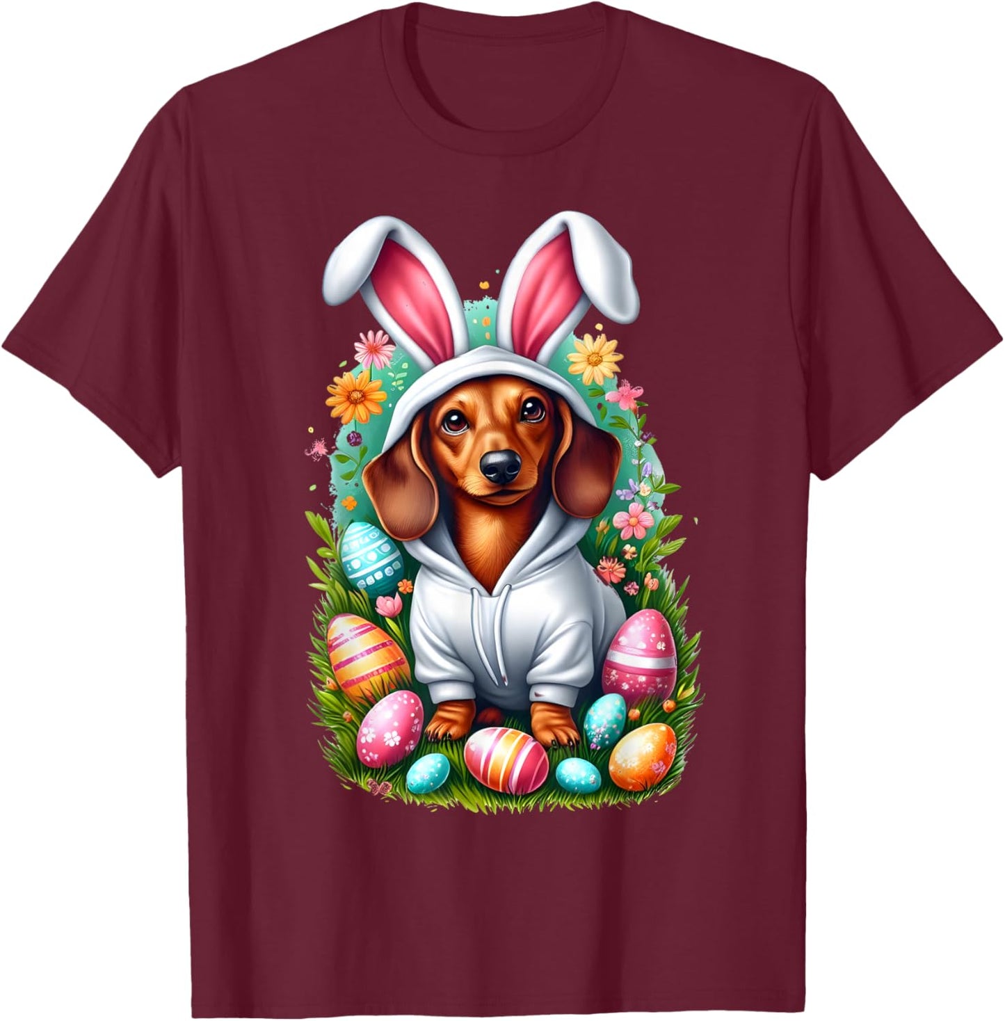 Cute Dachshund Easter Bunny Funny Wiener Dog Easter Egg Hunt T-Shirt - T-Shirt | Maroon