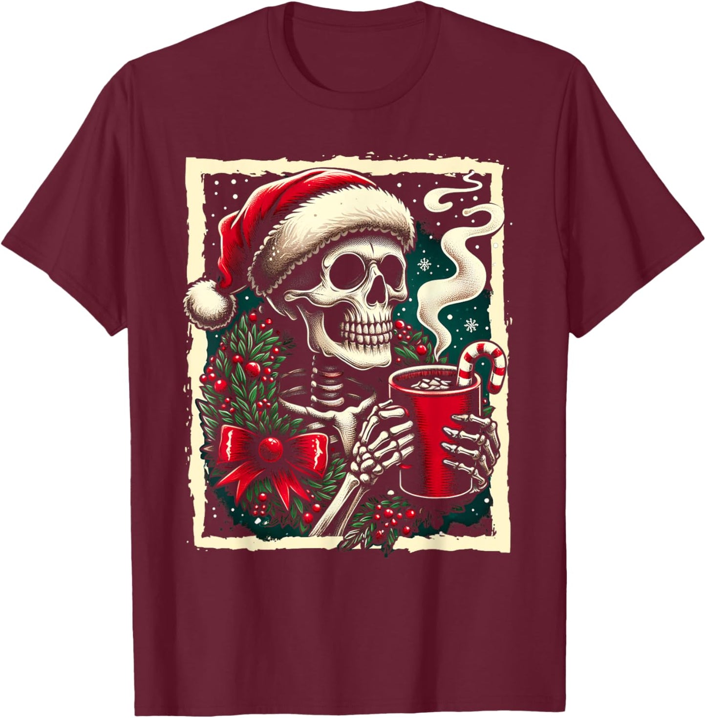 Christmas Skeleton Hot Cocoa Dead Inside Spooky Xmas Holiday T-Shirt - T-Shirt | Maroon