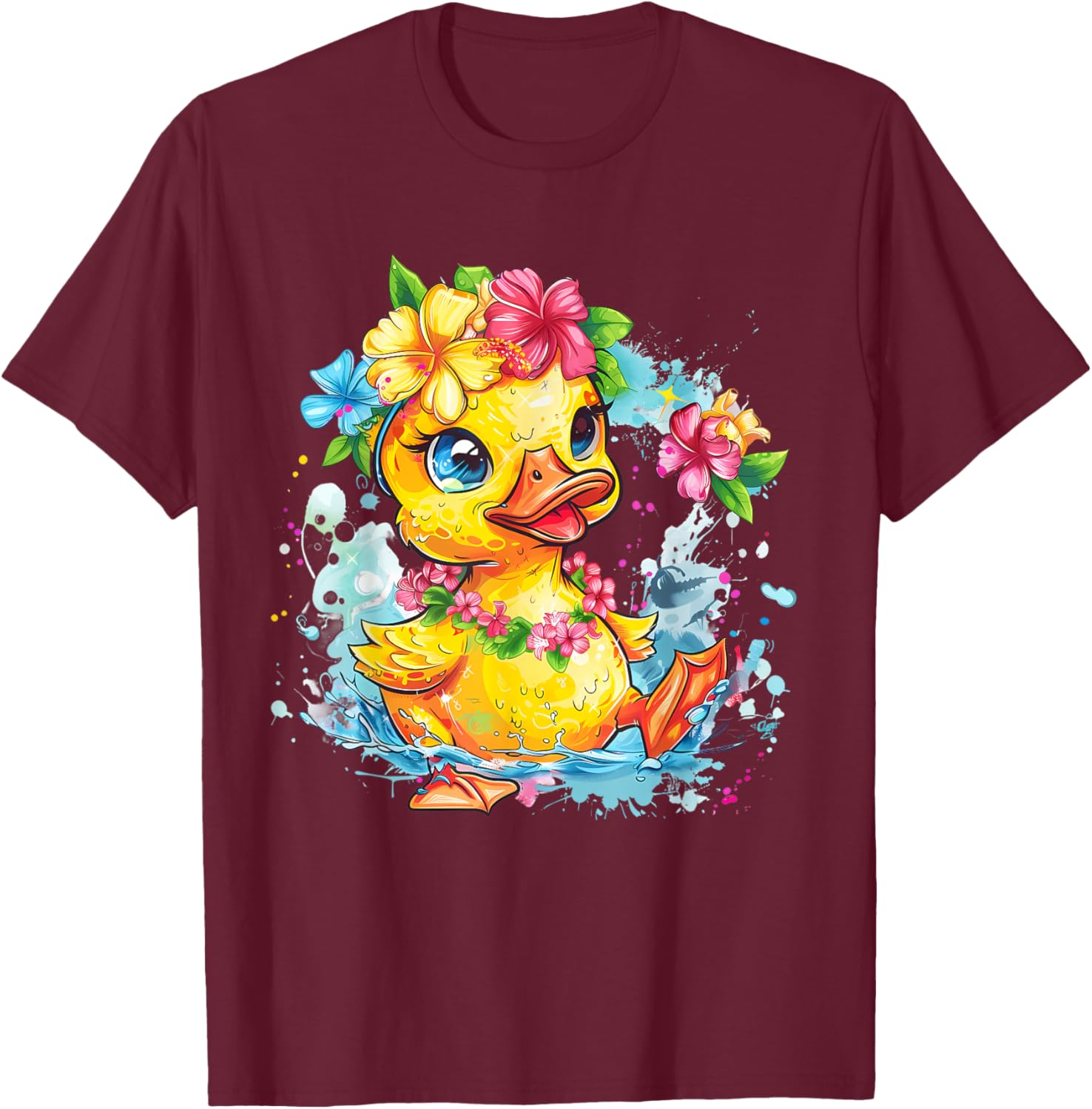 Rubber Duck Floral Hawaiian Watercolor Rubber Duck Lover T-Shirt - T-Shirt | Maroon