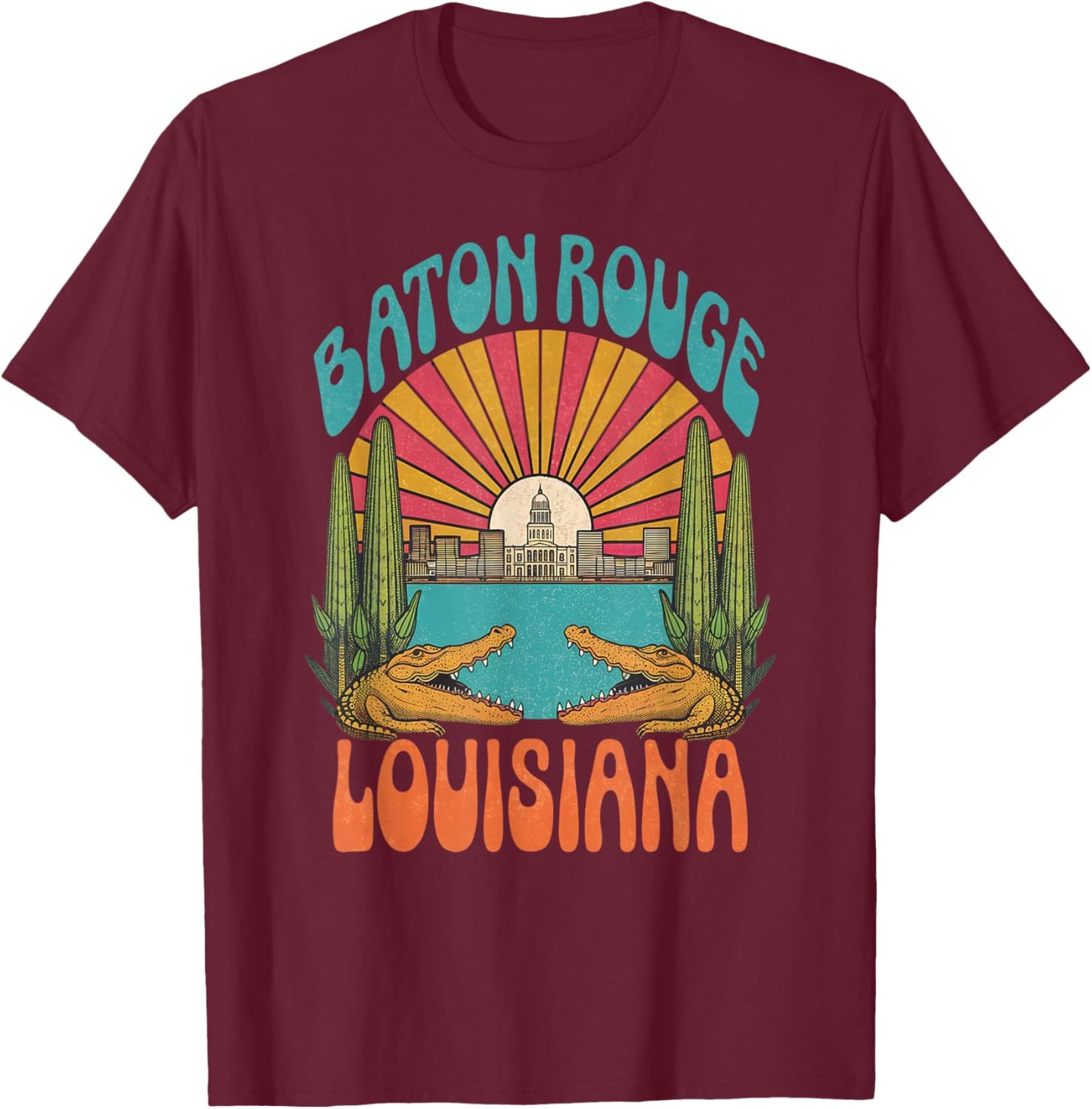 Vintage Baton Rouge Louisiana Skyline Cityscape Retro Style T-Shirt - T-Shirt | Maroon