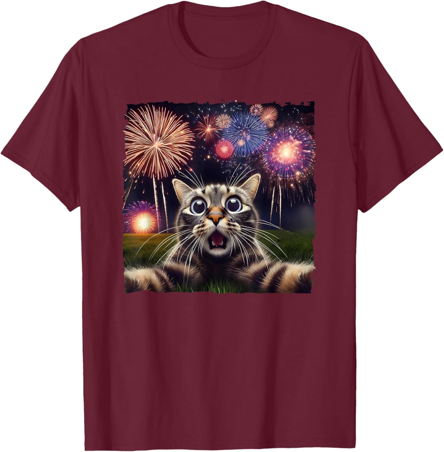 Cat Selfie with Fireworks Fourth of July 4th Fireworks Women Kids T-Shirt - T-Shirt | Maroon