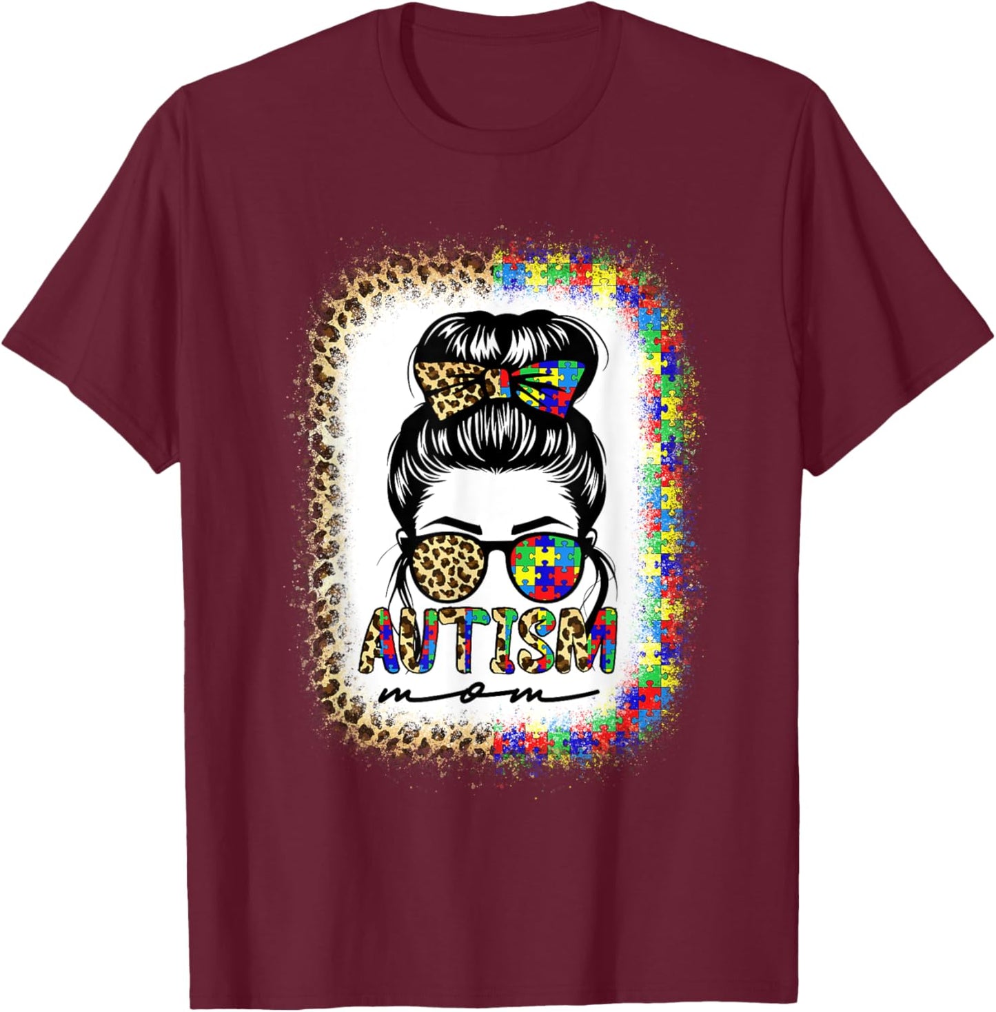 Autism Mom Messy Bun Puzzle Piece Awareness Mothers Day T-Shirt - T-Shirt | Maroon