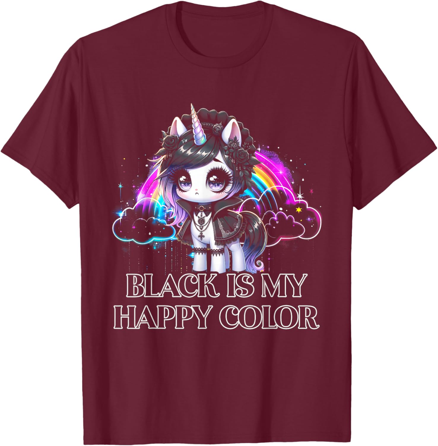 Black is My Happy Color Gothic Girl Dark Goth Occult Unicorn T-Shirt - T-Shirt | Maroon