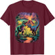 Vintage Retro 90s Airbrushed Dinosaur Volcano Scene T-Shirt - T-Shirt | Maroon