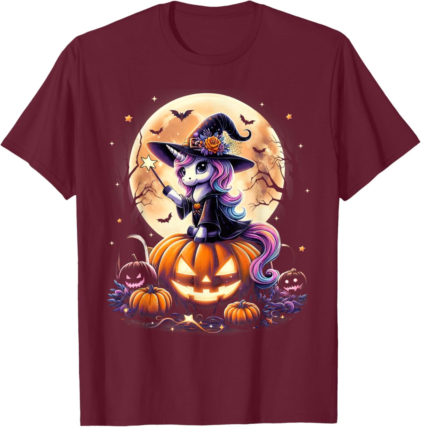 Cute Unicorn Witch Pumpkin Halloween Shirts Girls Daughter T-Shirt - T-Shirt | Maroon