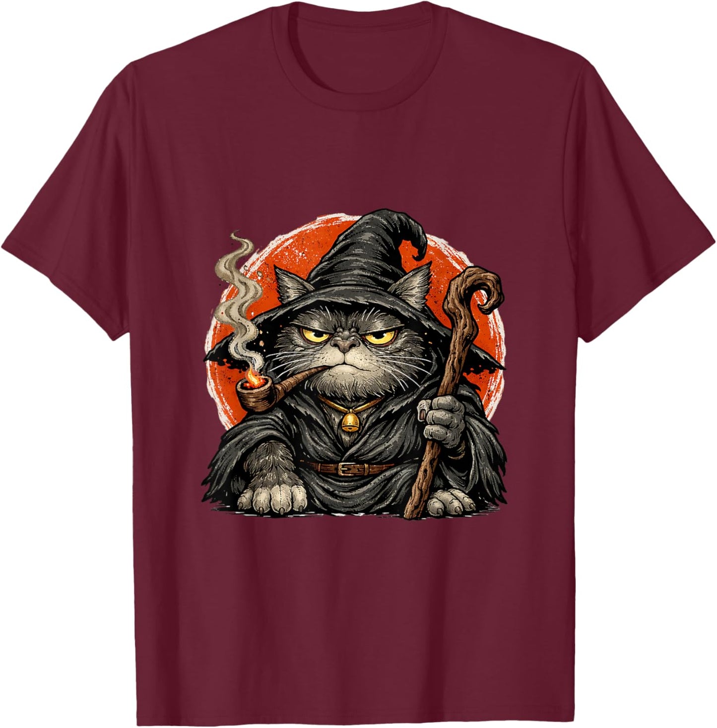 Funny Japanese Cat Wizard Smoking Pipe Mystical Feline Mage T-Shirt - T-Shirt | Maroon