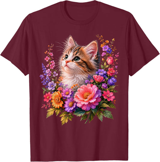 Cat Flower Floral Cute Kitten Vintage Flowers Art Cat Lover T-Shirt - T-Shirt | Maroon
