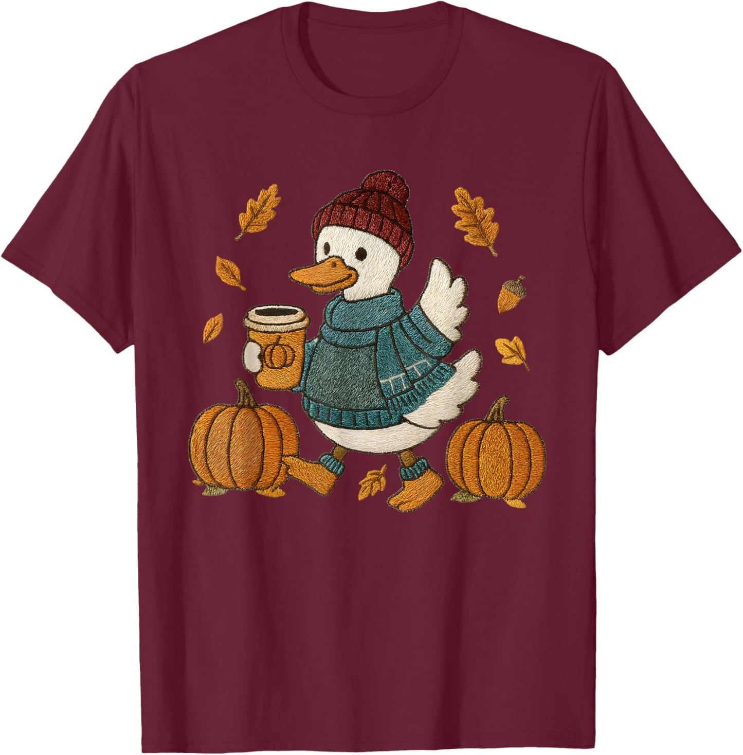 Cute Fall Duck Pumpkin Spice Latte Autumn Coffee Graphic T-Shirt - T-Shirt | Maroon