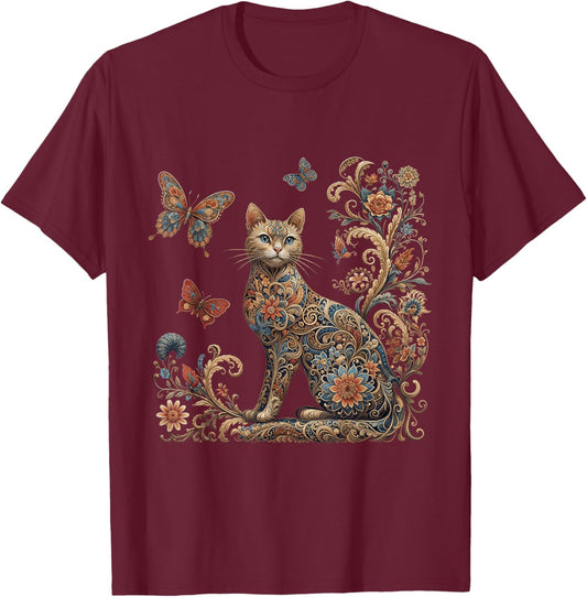 Cottagecore Cat Shirt Vintage Floral Butterfly Kitten Lover T-Shirt - T-Shirt | Maroon