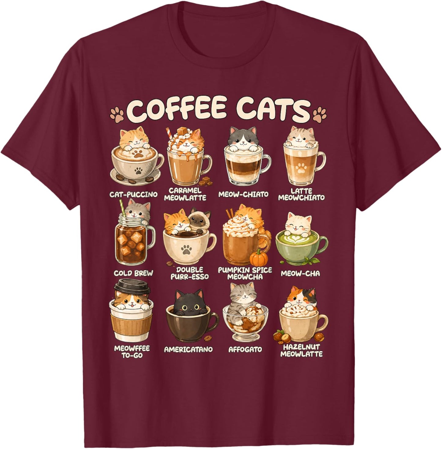 Kawaii Coffee Cats Cappuccino, niedliches Katzen-Café-Design, Anime-Design T-Shirt - T-Shirt | Maroon
