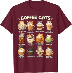 Kawaii Coffee Cats Cappuccino, niedliches Katzen-Café-Design, Anime-Design T-Shirt - T-Shirt | Maroon