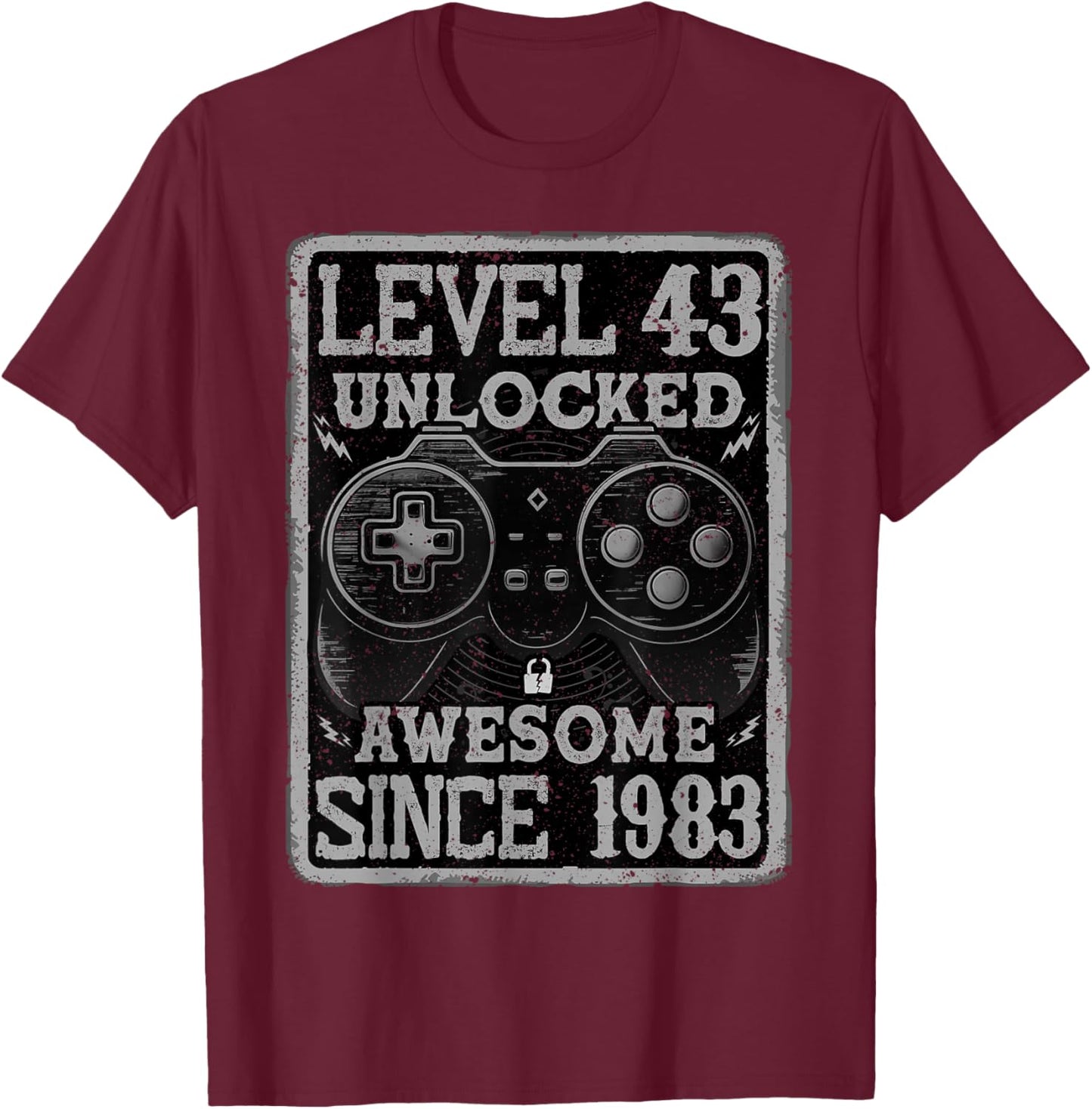 Level 43 Unlocked Awesome Since 1983 43rd Birthday Gaming T-Shirt - T-Shirt | Maroon