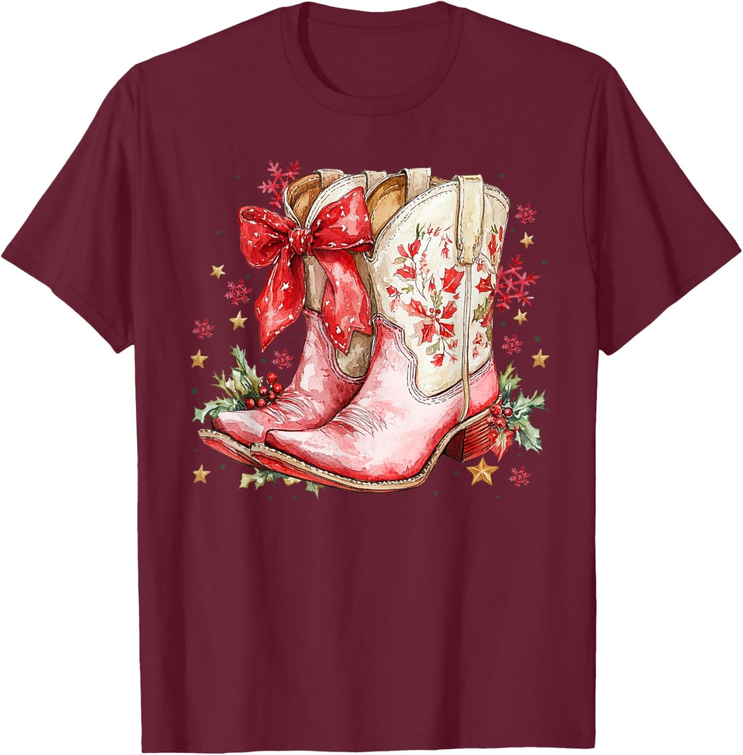 Western Christmas Family Pajamas Bow Cowgirl Cowboy Boots T-Shirt - T-Shirt | Maroon