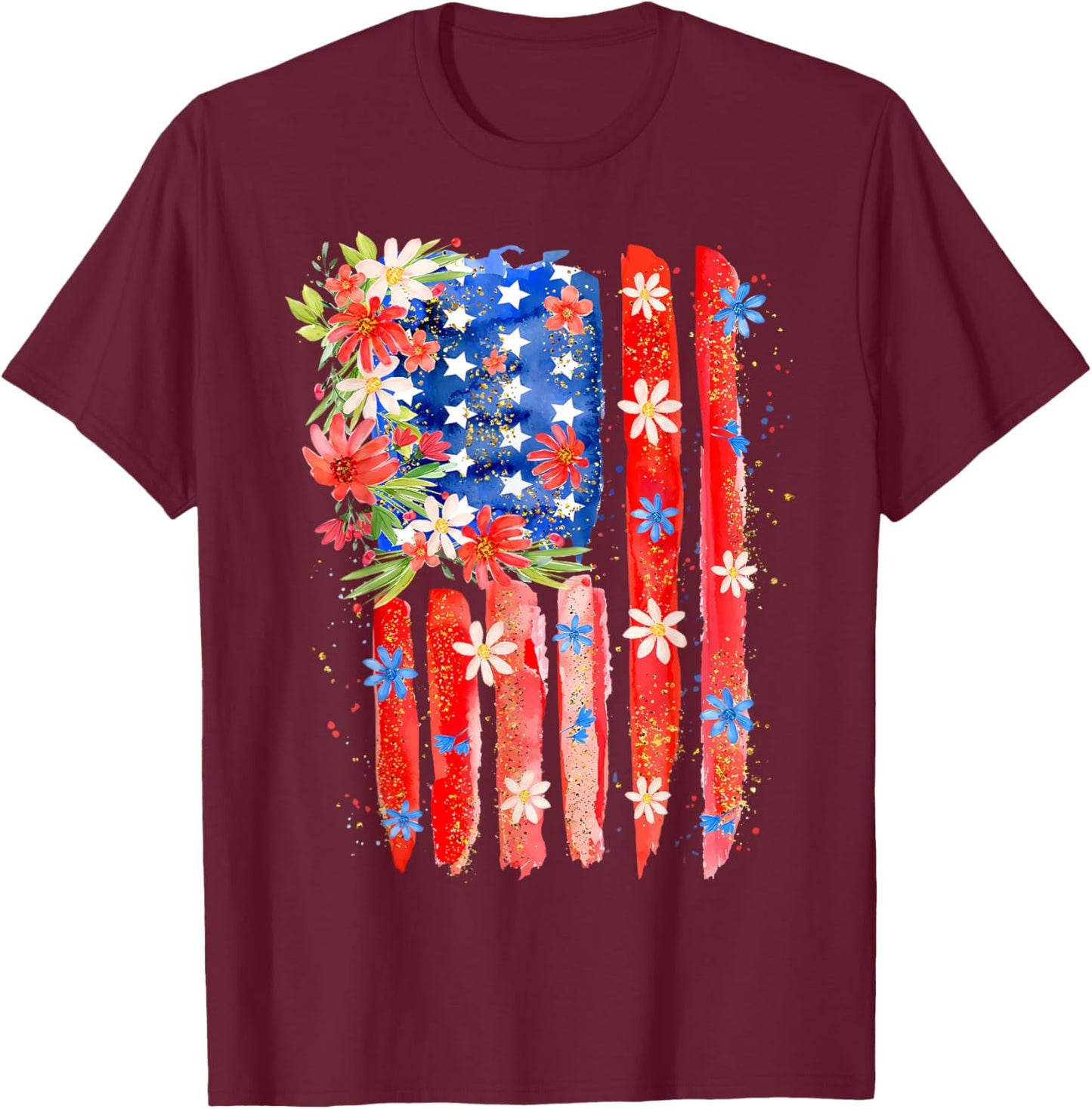 Flower Brushstroke US Flag 4th Of July Patriotic Graphic T-Shirt - T-Shirt | Maroon