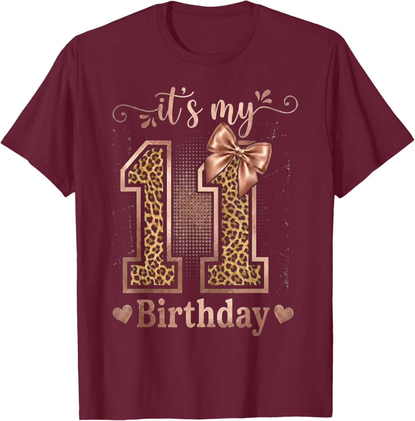 It's My 11th Birthday Girl Coquette Bow 11 Year Old Leopard T-Shirt - T-Shirt | Maroon
