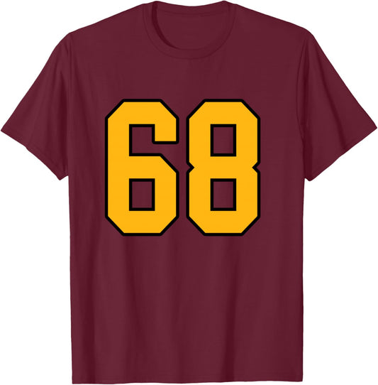 Gold and Black Sports Number 68 Jersey Uniform Player T-Shirt - T-Shirt | Maroon