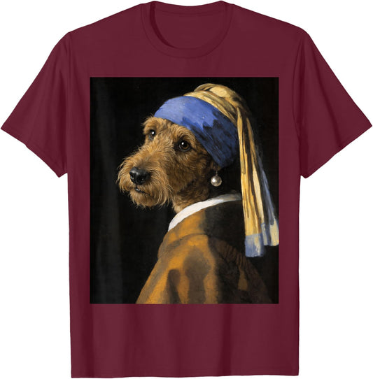Girl with a Pearl Earring Airedale Terrier Funny Dog Meme T-Shirt - T-Shirt | Maroon