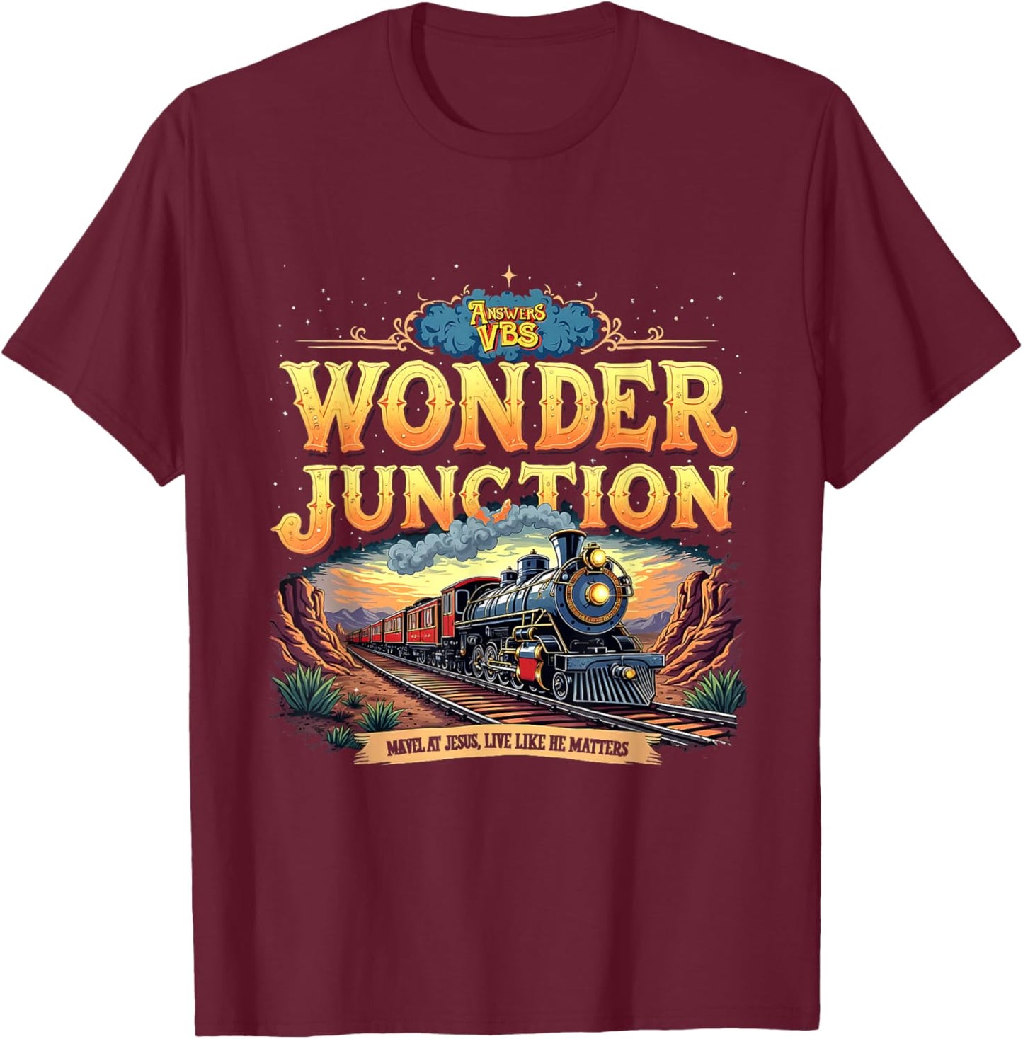 Vintage Wonder Junction VBS Train Theme Christian Design T-Shirt - T-Shirt | Maroon