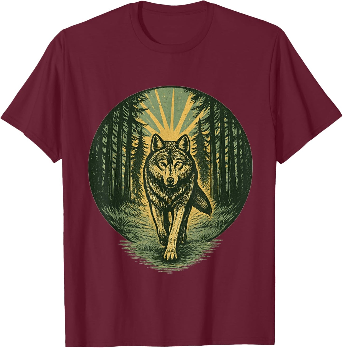 Strong Wolf Forest Path Vintage Woodcut Outdoor Nature Lover T-Shirt - T-Shirt | Maroon
