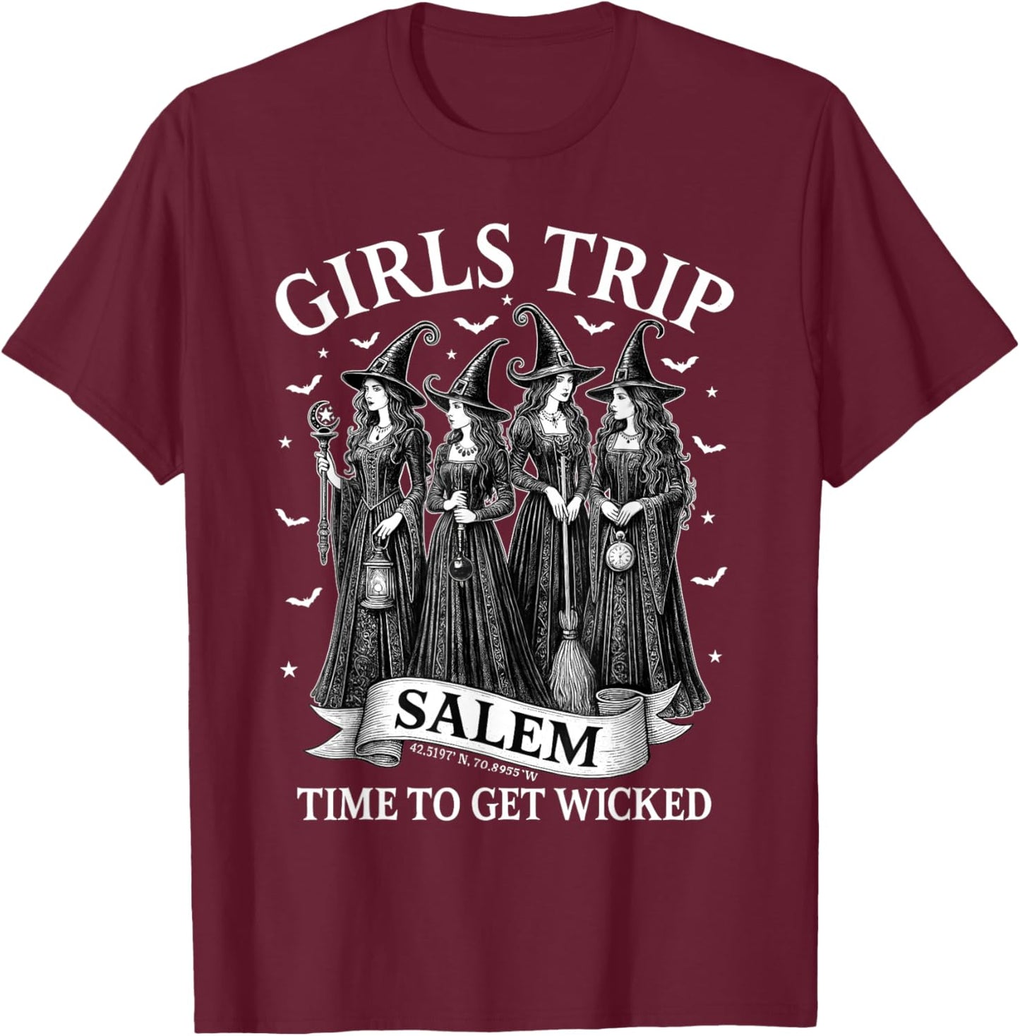 Vintage Girls Trip Salem Time to Get Wicked Halloween Witchy T-Shirt - T-Shirt | Maroon