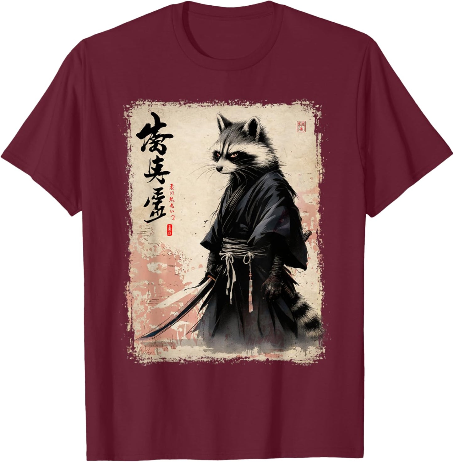 Raccoon Japanese Art Samurai Funny Raccoon Samurai T-Shirt - T-Shirt | Maroon