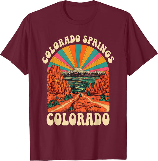 Vintage Colorado Springs Sunset Mountains Cityscape Retro T-Shirt - T-Shirt | Maroon