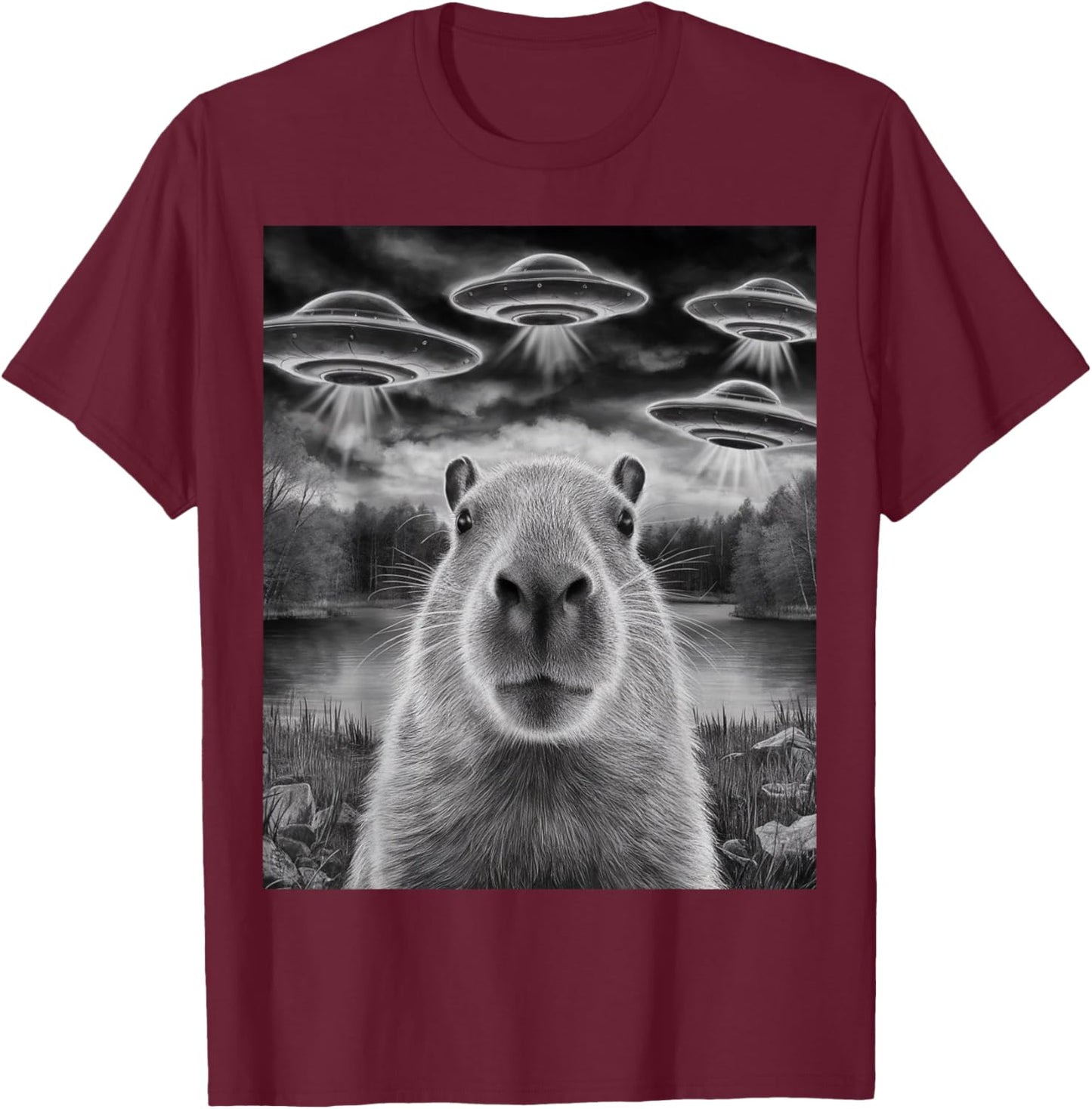 Funny Capybara Selfie with UFOs Weird Design Women Men T-Shirt - T-Shirt | Maroon