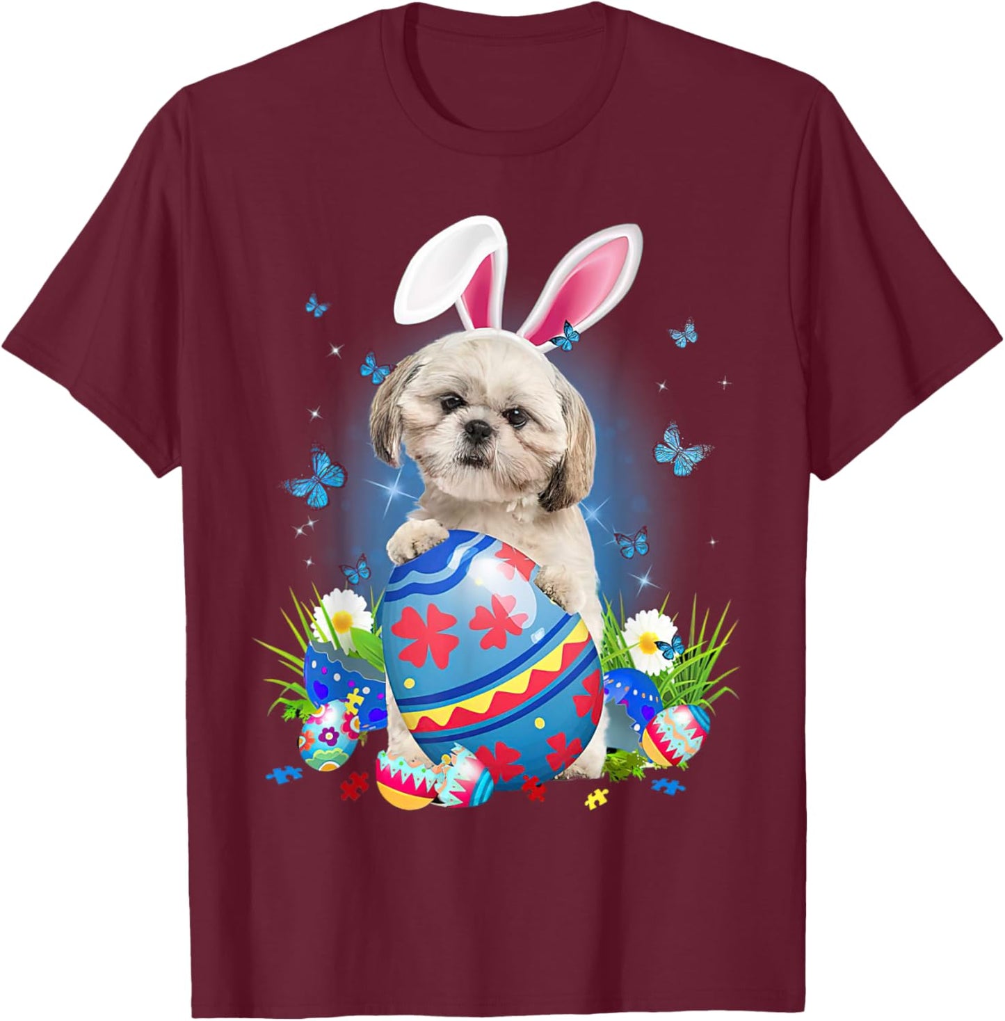 Easter Cute Shih Tzu Dog Lover Bunny Eggs Easter Men Women T-Shirt - T-Shirt | Maroon